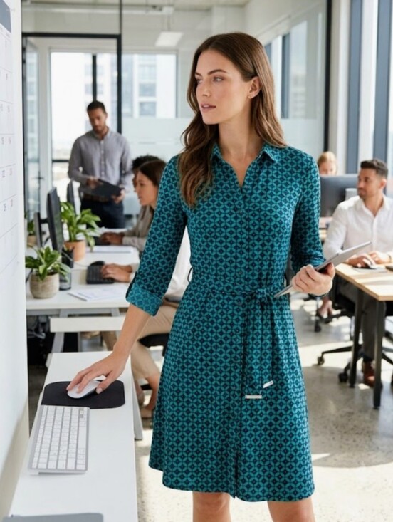 Harper Rose Other - Harper Rose Teal & Navy Geometric Pattern Belted Shirt Dress - Size 8